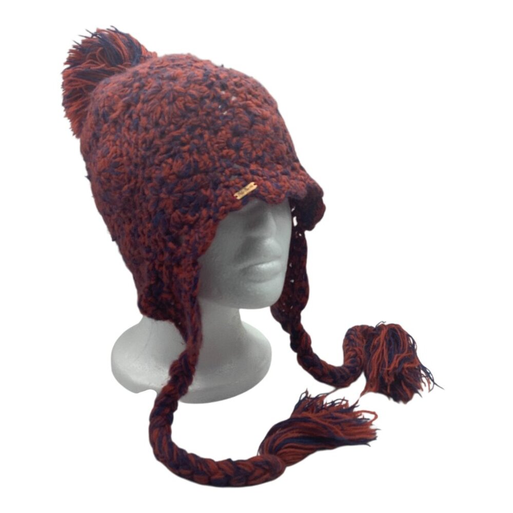 Free People Women Arjeta Circle Crochet Pom Beanie Winter‎ Hat Ear Flaps Tassels